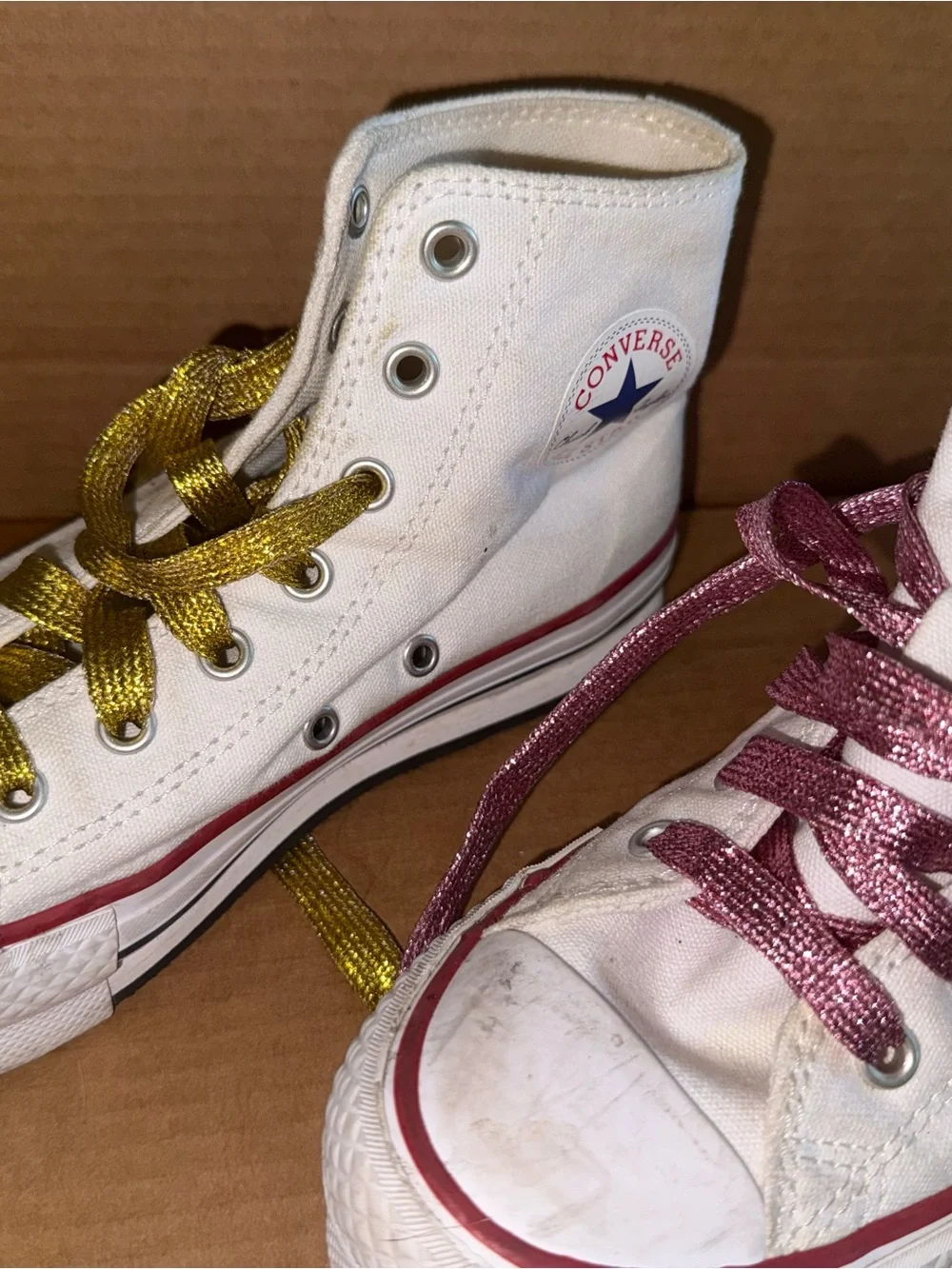 Converse White High Top Sneakers with Pink & Gold Laces